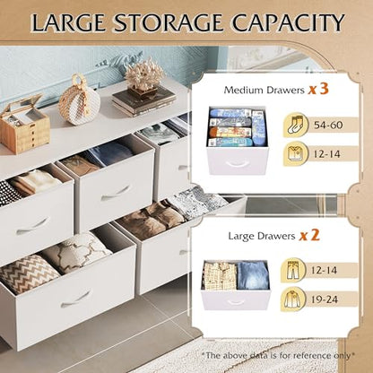 WLIVE Wide Dresser for Bedroom, 5 Drawer Chest of Drawers, White | 5 roomy fabric drawers, Wide storage design, Bedroom or closet use, Sturdy steel frame, Smooth wood tabletop