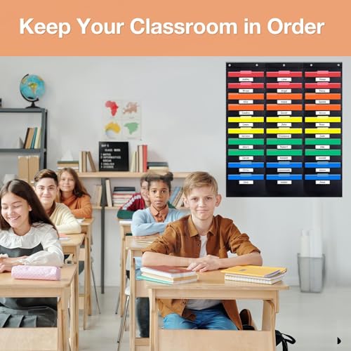 Opret 30 Pockets Storage Pocket Chart with 30 Nametag Pockets, Hanging Wall File Organizer for File Folders with 5 Hangers for Classroom, Office, School Mailbox Organizer and Home (Black)