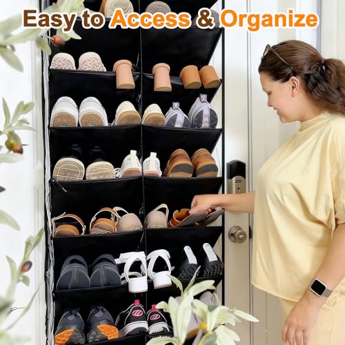 20-30 Pairs Over the Door Shoe Organizer, Clear Pockets Hanging Shoe Storage for Closet, 10-Tier Door Shoes Rack, Handing Shoes Holder Fit All the Family's Sneakers, Boots, Heels, Black