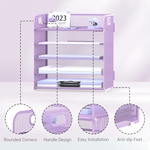 5 Trays Paper Organizer Letter Tray with Handle-Mesh Desk File Holders, Paper Sorter Desk Organizer for Office, Home, Classeoom or School, Purple
