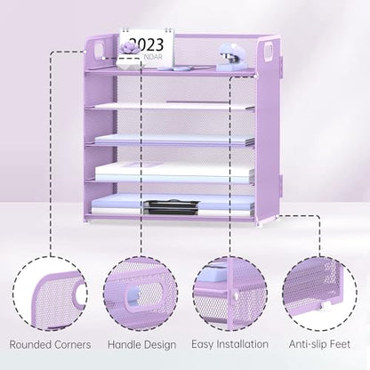 5 Trays Paper Organizer Letter Tray with Handle-Mesh Desk File Holders, Paper Sorter Desk Organizer for Office, Home, Classeoom or School, Purple
