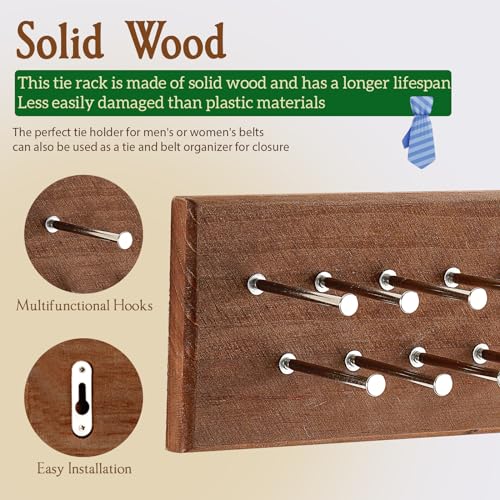 TreeHouse London Tie Rack Organizer – Holds 40 Large Ties – Solid Wood & Sturdy Metal Storage Holder for Closet – Wall Mounted Tie Display Hanger for Wall, Bedroom - (Walnut Tie Rack) 16" L X 4.25" H