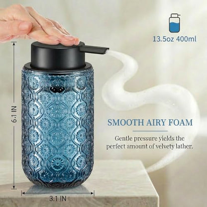 Blue Glass Foaming Hand Soap Dispenser | with Matte Black Pump Thick Embossed Bottle Refillable for Bathroom and Kitchen Decor 13.5 oz