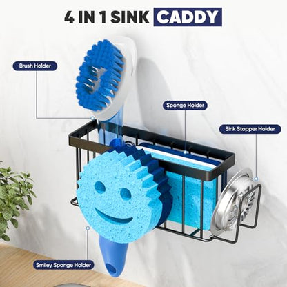 Sponge Holder for Kitchen Sink,Sink Caddy Smiley Face,4-in-1 Sponge Holder with Suction Cups & 1 PCS Adhesive Strips for Holding Soap,Brush,Scrubber,Sponge,Stopper-Black