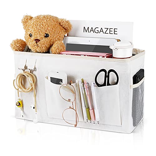 Bedside Caddy Organizer Hanging Storage Bag Bunk Bed White | Bed Caddy with Magazine Water Bottle Phone Holder for College Dorm and Hospital Beds