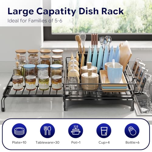 Simple Trending Dish Drying Rack - Expandable Dish Rack for Kitchen Counter, Large Capacity Dish Drainer, Stainless Steel Dish Strainer with Utensil & Cup Holders, Black