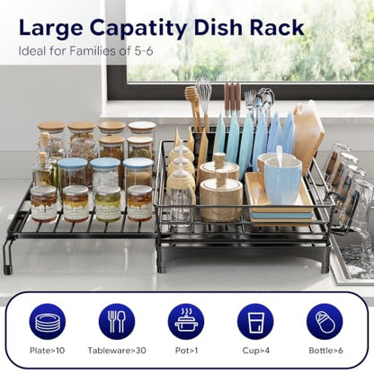 Simple Trending Dish Drying Rack - Expandable Dish Rack for Kitchen Counter, Large Capacity Dish Drainer, Stainless Steel Dish Strainer with Utensil & Cup Holders, Black