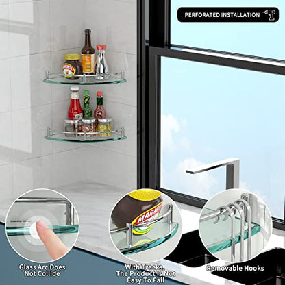 Glass Shower Shelves, Glass Bathroom Corner Shelf Wall Mounted Shelf Shampoo Holder Organizer Extra 8MM Thick Corner Shelves for Inside Shower with 3 Hooks