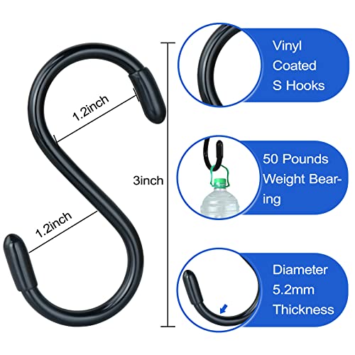DINGEE 30 Pack Vinyl Coated Heavy Duty S Hooks for Hanging Plants, Clothes, Non Slip Steel Metal Black Rubber Coated Closet S Hooks for Hanging Jeans, Jewelry, Pot, Pan