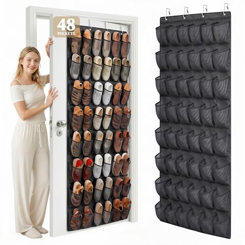 48 Pockets Over the Door Shoe Organizer, Large Mesh Hanging Shoe Rack, 6-Column Heavy Duty Shoe Storage for Sneakers and Heels, Behind Door Holder for Entryway Bedroom Dorm College, Black