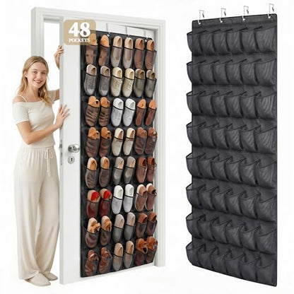 48 Pockets Over the Door Shoe Organizer, Large Mesh Hanging Shoe Rack, 6-Column Heavy Duty Shoe Storage for Sneakers and Heels, Behind Door Holder for Entryway Bedroom Dorm College, Black