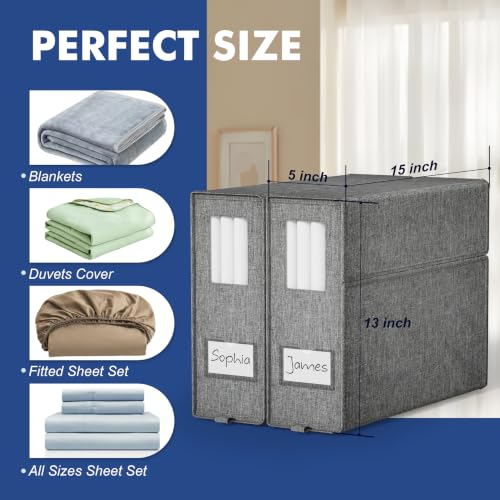 Furnhome Bed Sheet Organizers and Storage 4 Pack for Linen Closet, Foldable Sheet Set Holder with Window & Labels, Stackable Bedding Storage Boxes for Sheets, Duvet Covers, Blankets