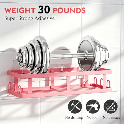 Pink Shower Caddy 6 Pack, Adhesive Shower Shelves | Pink Bathroom Decor, No Drilling, Rustproof, Large Capacity, 6 Adhesives, 24 Built-in Hooks, Dorm Apartment