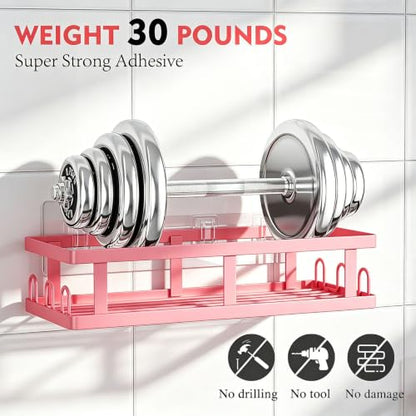 Pink Shower Caddy 6 Pack, Adhesive Shower Shelves | Pink Bathroom Decor, No Drilling, Rustproof, Large Capacity, 6 Adhesives, 24 Built-in Hooks, Dorm Apartment