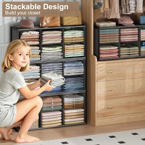 Stackable Closet Organizer Shelf,6 Cube Bins Storage Basket for Clothes, Handbags Sweaters Jeans Pants Shirt, Space Saving Closet Organizer for Bedroom Wardobe, Closet System-Grey
