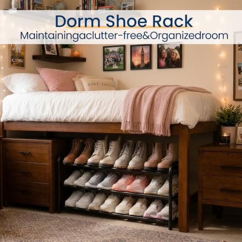 ENJOYBASICS 3 Tier Expandable Shoe Rack, Metal Small Shoes Shelf, Black | Free Standing Shoe Holder for 12 Pairs, Sturdy Shoe Organizer for Closet, Entryway, Under Bed ,Front Door, Bedroom