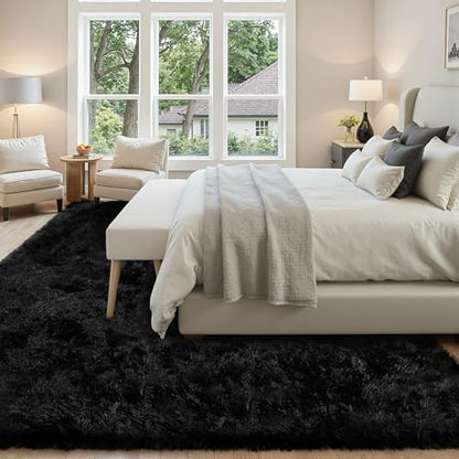 6x9 Black Fluffy Fuzzy Shag Area Rug for Living Room, Bedroom, Dorm Carpet | Ultra Soft, Non-Slip & No-Shedding, Plush, Cozy Modern Indoor Floor Home Decor for Kid Rooms, Nursery, Girl Playroom, Office