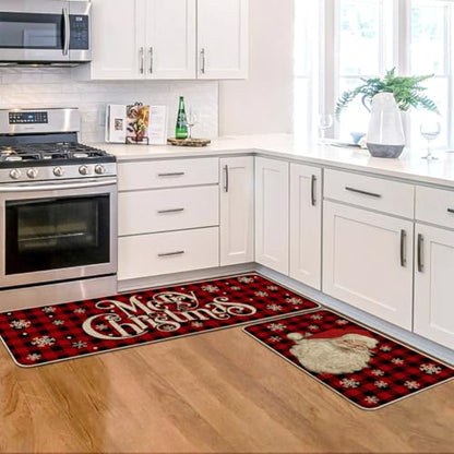 Artoid Mode Buffalo Plaid Snow Santa Claus Christmas Kitchen Rugs Set of 2, Winter Low-Profile Floor Mat Merry Christmas Decorations for Home Kitchen - 17x29 and 17x47 Inch
