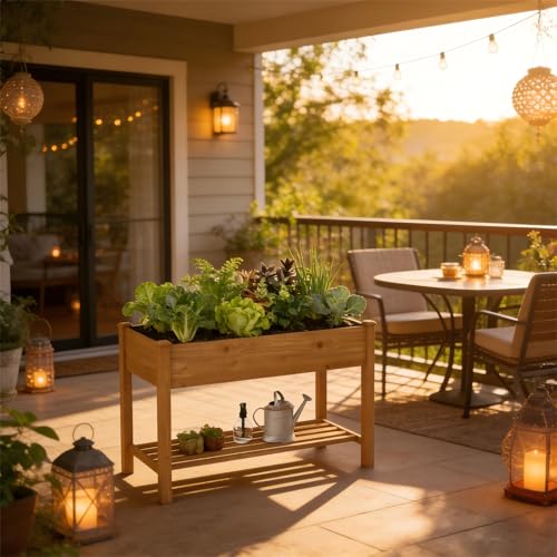 Wooden Planter Elevated Wooden Raised Garden Bed with Legs Planter Box | 48 x 24 x 30In Elevated Wood Planter Stand for Backyard, Patio, Balcony with Bed Liner, 200 Pound Capacity - Brown