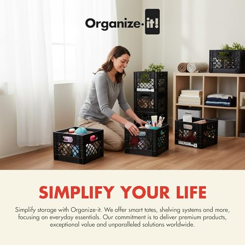 4 Pack Storage Milk Crate, Heavy-Duty Versatile Box, Black | Plastic Open Top Multi-purpose Organizers with Easy-Grip Handles, Interior 12.25"L x 12.25"W x 10.5"H