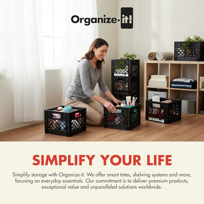 4 Pack Storage Milk Crate, Heavy-Duty Versatile Box, Black | Plastic Open Top Multi-purpose Organizers with Easy-Grip Handles, Interior 12.25"L x 12.25"W x 10.5"H