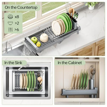 TOOLF Small Dish Drying Rack, Expandable and Space-Saving, Gray | Mini Dish racks for kitchen counter, Compact Design Fits Sink or Counter, Stainless Steel Plate Rack, 11"-19.3"L×7.7"W×3.54"H