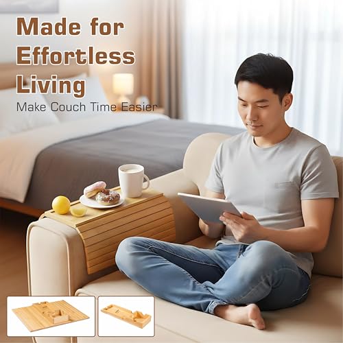 Wooden Sofa Arm Tray for Couch, Cup Holder & Armrest Organizer – Non-Slip Couch Arm Tray, Couch Cup Holder for Drinks, Snacks & Remotes – Flexible Couch Tray for Drink, Armrest for Living Room