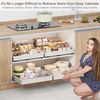 Pull out Cabinet Organizer,14"-21"W, 17"-24"D,Expandable,Adhesive | No Drill,3 Rails,Adjustable Slide out Drawers for Kitchen,Pantry,Roll out Shelves,for Cabinets Without Lip,Bathroom,White,1PC