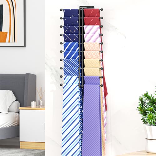 Tie Rack Wall Mounted, Tie Organizer for Men, Tie Rack Hanger for Closet Metal, Adhesive Tie Holder Organizer with 20 Hooks, Tie Storage for Wall Bedroom Living Room Dresser Room (Black)