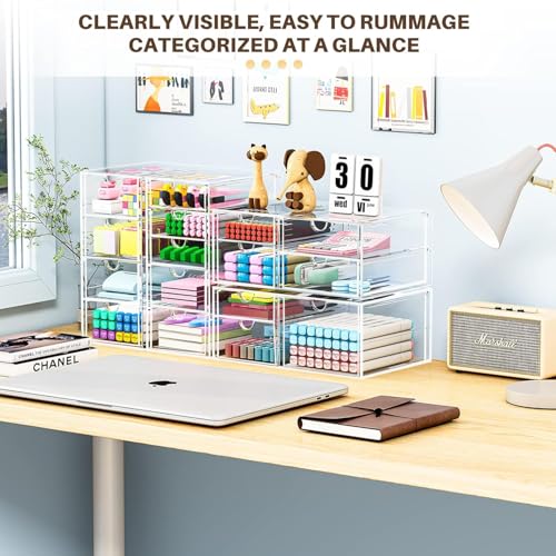 4-Pack Acrylic 16-Drawer Storage & Makeup Organizer for Desk | Smooth-glide drawers, clear acrylic, stackable, dustproof, wipe clean, for office supplies, pens, jewelry, makeup