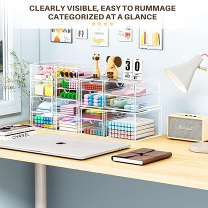 4-Pack Acrylic 16-Drawer Storage & Makeup Organizer for Desk | Smooth-glide drawers, clear acrylic, stackable, dustproof, wipe clean, for office supplies, pens, jewelry, makeup