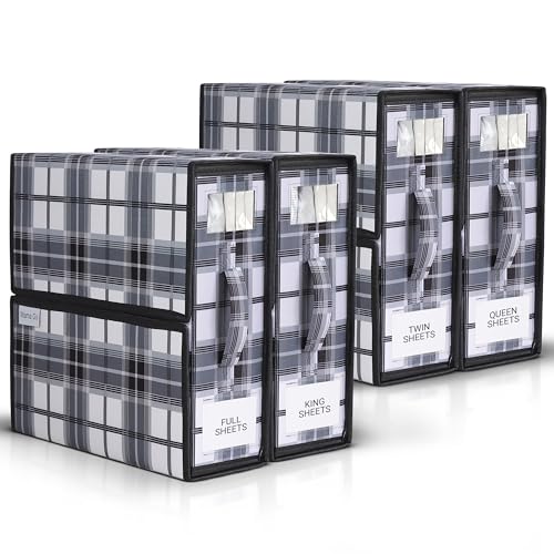 4 Pack Bed Sheet Organizer and Storage with Zipper – Linen Closet Organizers for Full, King, Queen & Twin Sheet Sets, Bedding Storage for Blankets and Duvet Covers, Black