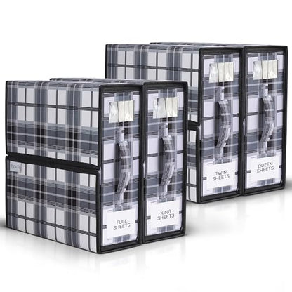 4 Pack Bed Sheet Organizer and Storage with Zipper – Linen Closet Organizers for Full, King, Queen & Twin Sheet Sets, Bedding Storage for Blankets and Duvet Covers, Black