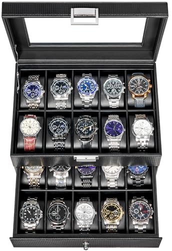 BEWISHOME Watch Case, 20-Slot Watch Box Organizer with Large Glass Lid | Watch Cases for Men with Removable Watch Pillows, Synthetic Leather, Watch Storage Box, Watch Display Case, Black SSH04C