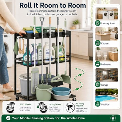 Cleaning Supplies Organizer Cart with Wheels, Broom and Mop Holder with 5 Grippers, 6 Hooks, 3 Shelves, Rolling Broom Closet Storage Rack for Laundry Room, Kitchen, Bathroom, Garage, Poolside