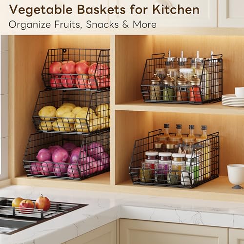 3-Tier Stackable Wire Baskets, Fruit and Vegetable Storage for Counter | Wall-Mount Potato and Onion Storage Bin, Metal Produce Basket, Kitchen Pantry Organizer and Storage on Cabinet for Snack/Can