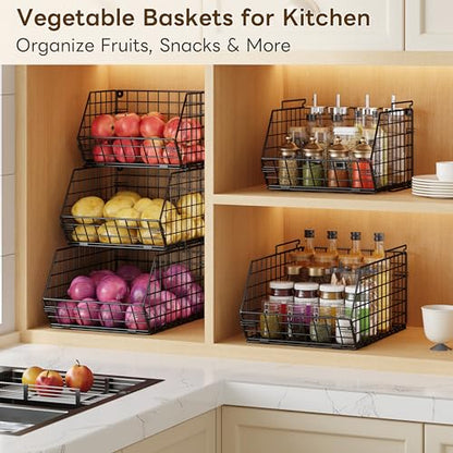 3-Tier Stackable Wire Baskets, Fruit and Vegetable Storage for Counter | Wall-Mount Potato and Onion Storage Bin, Metal Produce Basket, Kitchen Pantry Organizer and Storage on Cabinet for Snack/Can