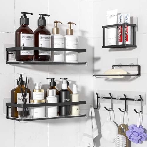 Epicano Adhesive Shower Caddy, 5 Pack Rustproof Stainless Steel Bathroom Shelves, No Drilling Wall Mount Clear Shower Organizer, Large Capacity Storage for Bathroom,Kitchen,Dorm and RV, Black