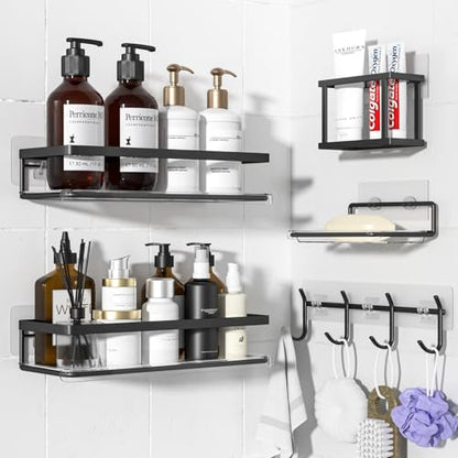 Epicano Adhesive Shower Caddy, 5 Pack Rustproof Stainless Steel Bathroom Shelves, No Drilling Wall Mount Clear Shower Organizer, Large Capacity Storage for Bathroom,Kitchen,Dorm and RV, Black