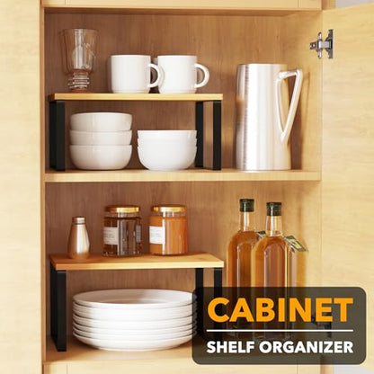 Cabinet Shelf Organizers 2 Pack, Kitchen Counter R... (Black + Natural | Bamboo)