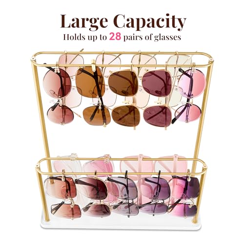 Sunglasses Organizer Glasses Holder Stand with Tray, Eye Glasses Display, 2 Tier Sunglass Storage Rack for Multiple Glasses, for Desk, Nightstand, Dresser, Vanity, Metal, Gold