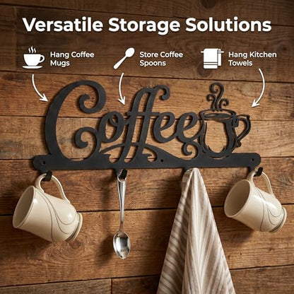 Coffee Mug Holder Wall Mount with 4 Hooks, 16.93 Inch Metal Coffee Bar Decor Sign, Heavy Duty Iron Cup Rack Hanger for Kitchen, Cafe and Home Organization, Matte Black（16.93"L x 6.69"H x 0.98"W)
