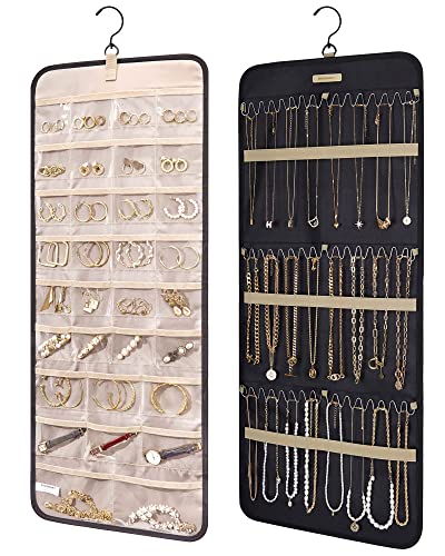 BAGSMART Hanging Jewelry Organizer Necklace/Earring/Ring 2-Sided L Black | Case Storage Bag for Necklace, Earrings, Rings