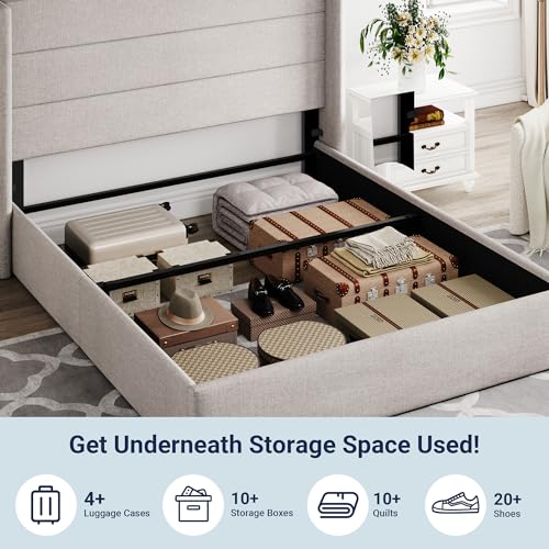 Allewie Queen Size Lift Up Hydraulic Storage Bed Frame Light Beige