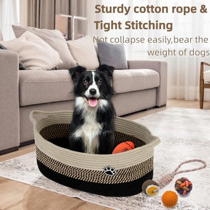 Optish 40L Extra Large Dog Toy Basket, XL Toy Storage Box and Bin with Handles, 20" x 14" x 9" Woven Cotton Rope Foldable Basket for Blankets, Living Room, Bedroom, Home Decor, Black & Brown