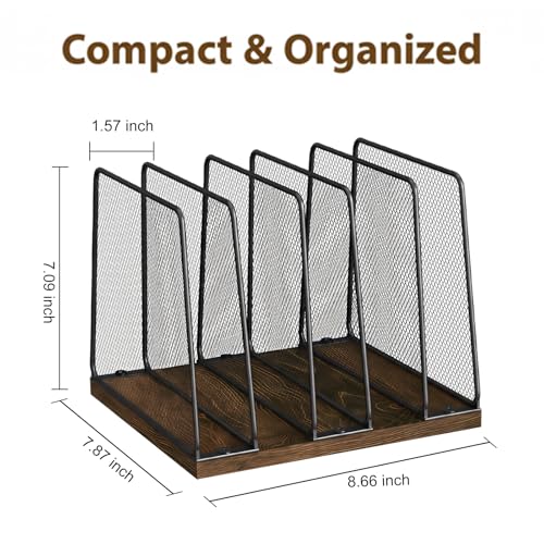 5-Section Vertical File Organizer for Desk, Sturdy Wood Base & Metal Mesh Desktop File Holder, Upright Paper Folder Sorter for Office Supplies（Rustic Brown）