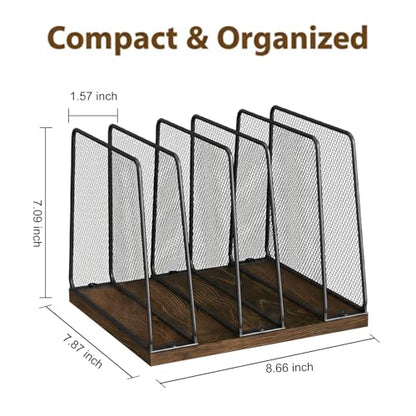 5-Section Vertical File Organizer for Desk, Sturdy Wood Base & Metal Mesh Desktop File Holder, Upright Paper Folder Sorter for Office Supplies（Rustic Brown）