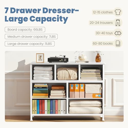 Dresser for Bedroom with 7 Drawers, Anti-Tip Fabric Storage Tower | Organizer Unit with Wood Top and Metal Frame, Organizer for Clothes, Closet, Entryway, Furniture, White