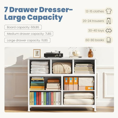 Dresser for Bedroom with 7 Drawers, Anti-Tip Fabric Storage Tower | Organizer Unit with Wood Top and Metal Frame, Organizer for Clothes, Closet, Entryway, Furniture, White