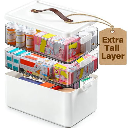 Homaigie Extra Tall 3-Tier Medicine Cabinet Organizer for Medicine Bottles Organizer, Portable Medicine Storage Box with Leather Handle, Empty First Aid Kit Container for Home, Classroom